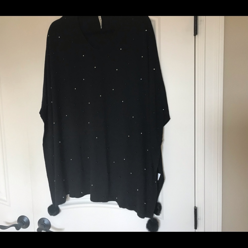 Black Beaded Poncho Sweater Rabbit Fur Poms
